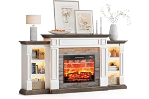 LGHM 72" Electric Fireplace with Mantel, LED Fireplace TV Stand for TVs Up to 80 Inch, Farmhouse Entertainment Center with Storage, Realistic Stacked Stone Surround with Remote Control for Living Room…