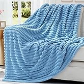 decorUhome Soft Fleece Blue Throw Blanket for Couch, Cozy Fluffy Plush Flannel Striped Blanket for Sofa Bed, Lightweight Decorative Ribbed Fuzzy Blanket for Woman, 50x60 Inches