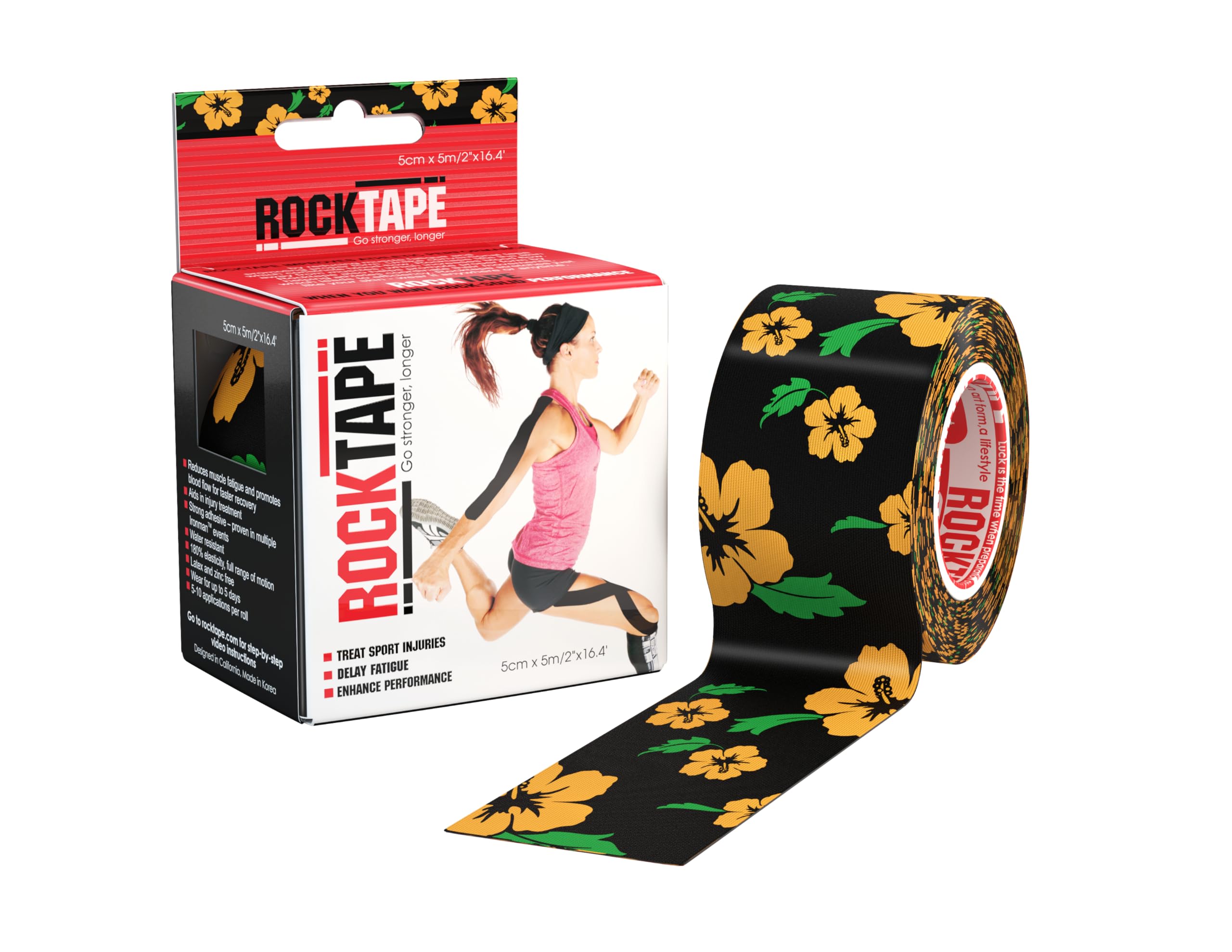 Rocktape Kinesiology Tape Athletes, Water Resistant, Reduce Pain & Injury Recovery, 5cm x 5m, Uncut, Flower Pattern