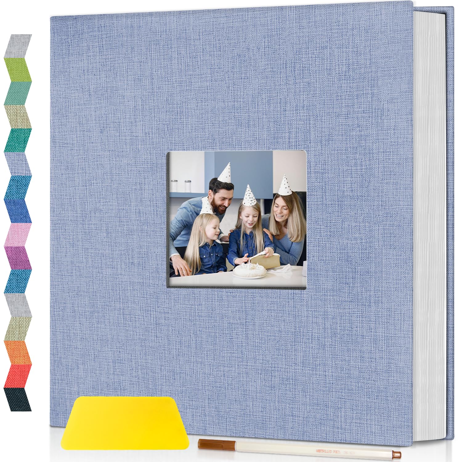 Photo 1 of popotop Photo Album Self Adhesive with Picture Display Window,60 Pages DIY Scrapbooking Supplies Kit for 4x6 8x10 Picture,Linen Cover Memory Book for Baby Wedding, with Scraper and Metallic Pen