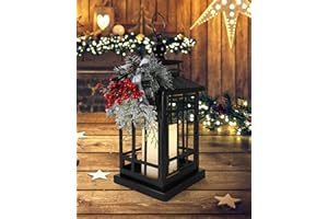 iStatue Metal Black Christmas Lantern with Flameless Candle, 14'' Modern Farmhouse Decor Festive Holiday Rustic Home Gifts for Indoor/Outdoor (Xmas)