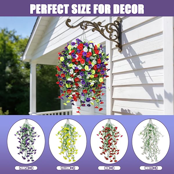 INQCMY ARTIFICIAL FLOWERS FOR OUTDOOR SPRING SUMMER DECORATION FAUX SILK MORNING GLORY FAKE HANGING FLOWERS UV RESISTANT LOOK REAL FOR HOME PORCH (10PCS PURPLE&RED&WHITE&YELLOW+1 BASKE)