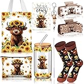Skylety 8 Pcs Sunflower Highland Cow Gifts for Women Include 16 oz Glass Cup with Lid and Straw, Canvas Tote Bag Hair Claw Clips Keychain Socks Card Girl Toiletry Bag for Christmas Highland Cow Lover