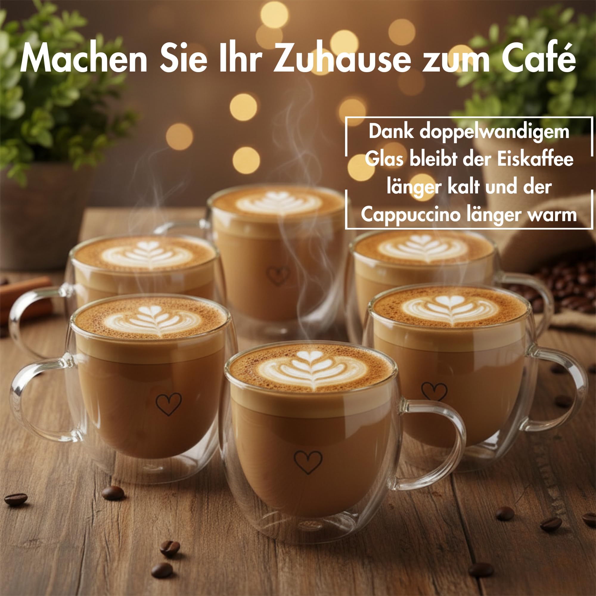 Superior Interior Cappuccino Tassen Glas Doppelwandig 4er Set 250ml – Cappuccino Gläser mit Henkel – Herz Design 5