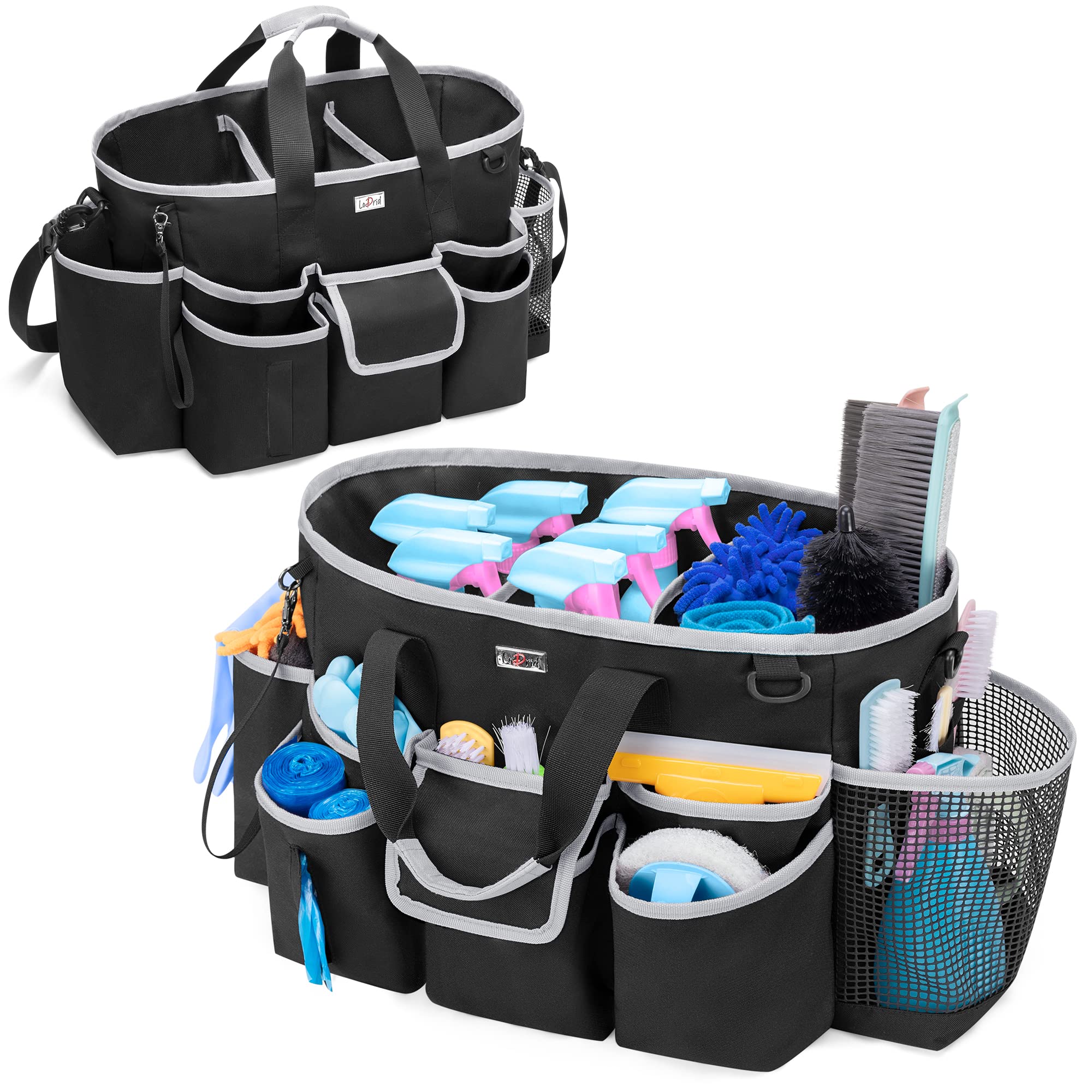 LoDird Cleaning Caddy Bag with 3 Compartments and Multifunctional Pockets, Cleaning Supplies Organizer for Cleaning Work with Handle and Shoulder Strap, Black and Grey