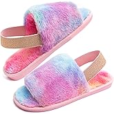 Womens Leopard Fuzzy Slippers Soft Plush Open Toe Faux Fur House Slide Sandals Indoor Spa Bedroom Flat Shoes with Elastic Strap