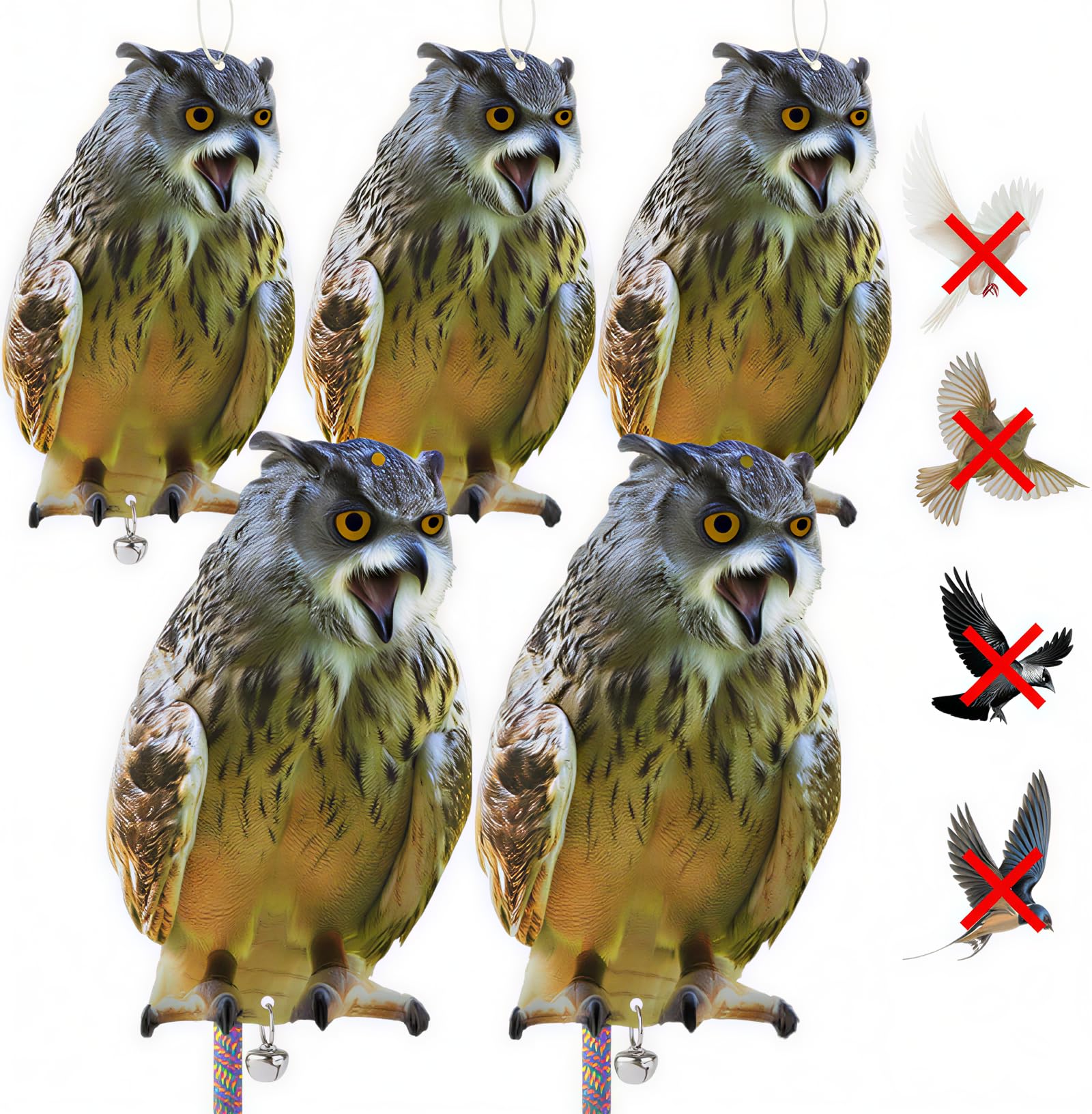 Kungfu Mall Pigeon Deterrent, Seagull Deterrent Cardboard, Bird Scarers for Gardens, Pigeon Scarer with Bird Scare Tape, Bird Repellent Devices, Bird Deterrent, 5PCS Owl Decoy to Scare Pigeons Away