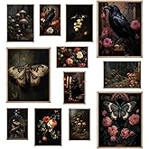 KINYEYE 12PCS Dark Academia Nature Eclectic Posters, Dark Cottagecore Roses Raven Skull Gothic Home Wall Art Prints | Cottagecore Home Decor | Unframed
