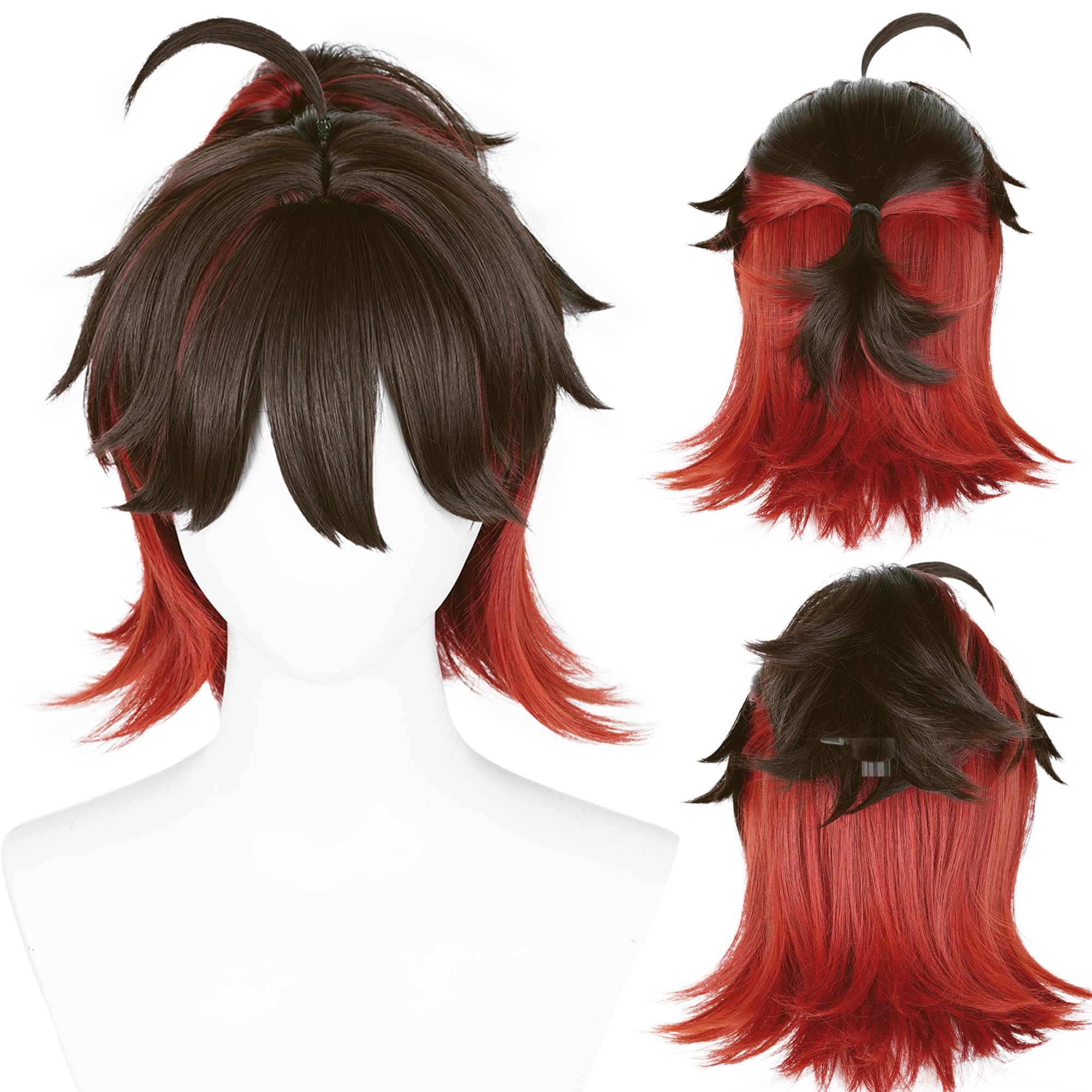 Red Brown Ponytail Straigh Medium Heat Resistant Synthetic Hair With Bangs Costume Hair for Adult Women Men Halloween Cos Anime Party Replacement Wig — image 1