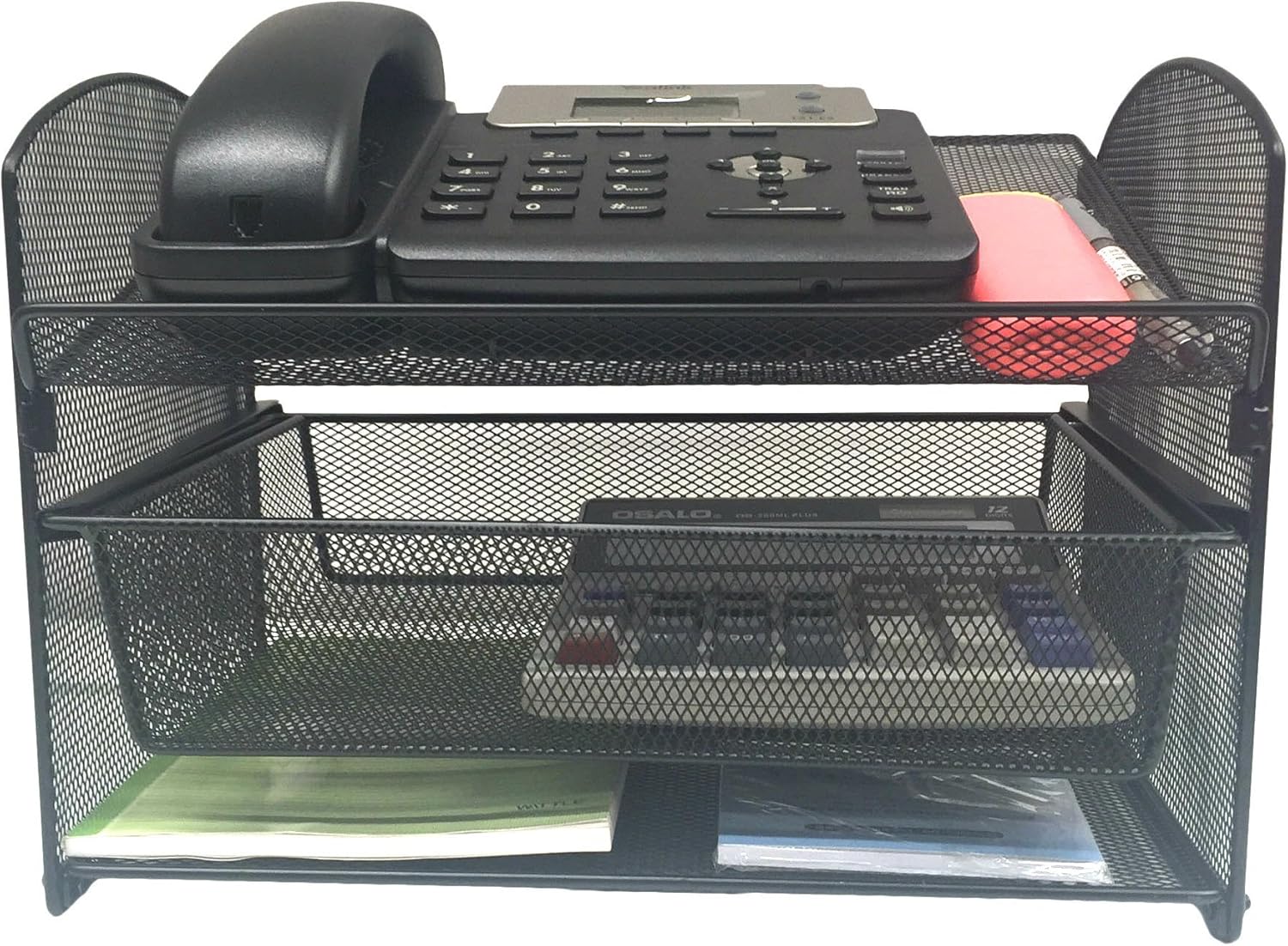 VANRA Metal Mesh Desktop Organizer Telephone Stand Phone Stand File Sorter Desk File Tray Organize File Folder Holder with Drawer, Black : Office Products