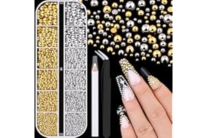 BELLEBOOST Silver and Gold Nail Charms and Gems, 1.5-5mm Half Round Flatback Nail Pearls Ball Beads for Nails with Pickup Pencil and Tweezers, Pearl Nail Charm Rhinestones for Crafting Face Hair Manicure DIY