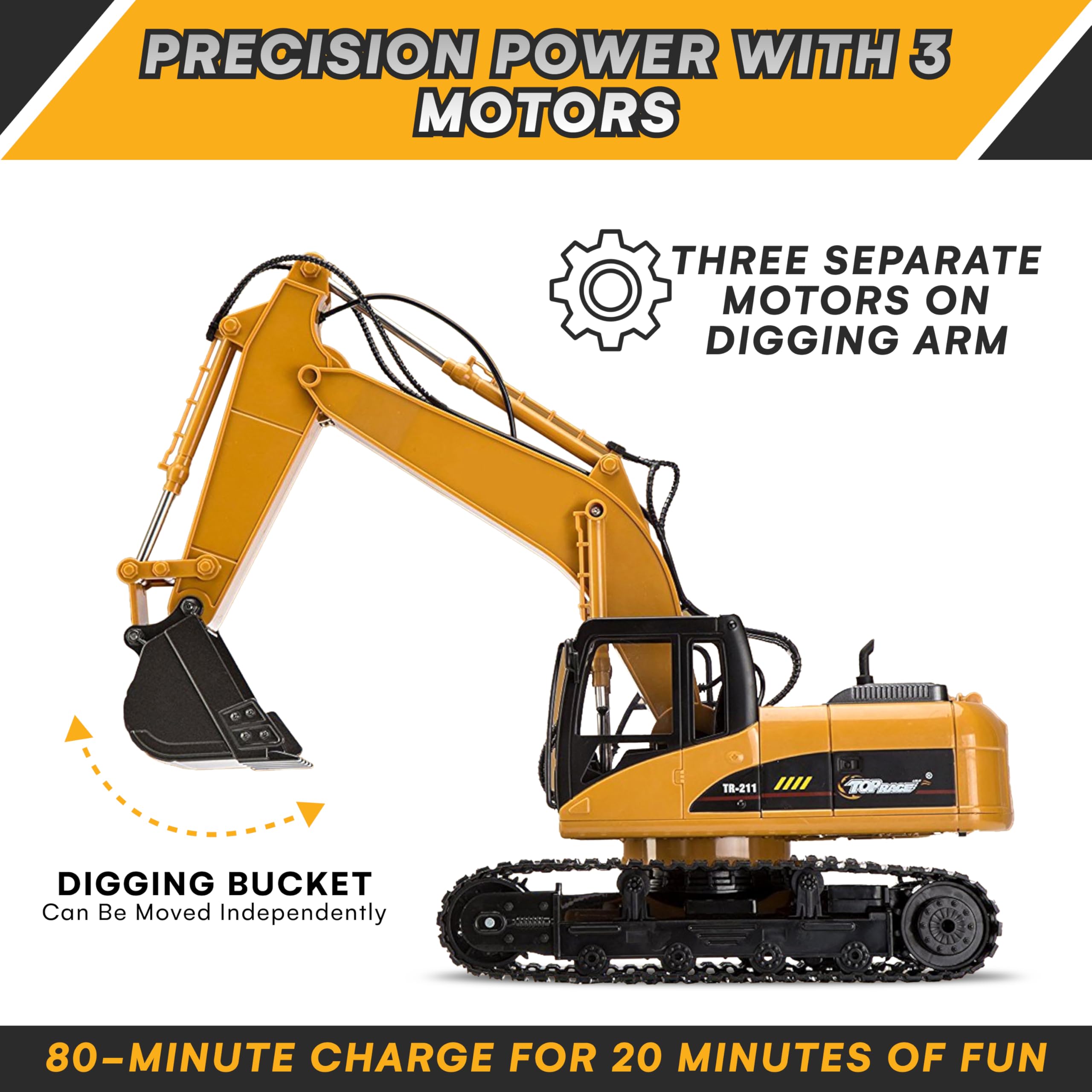 Top Race 15 Channel Full Functional Remote Control Excavator, Remote Control Excavator Toy with 2.4GHz Transmitter and Metal Shovel - 1:14 Scale Battery Powered Construction Tractor for Kids - TR 211