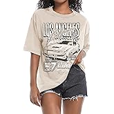 Pairxily Oversized Graphic Tees for Women Baggy Streetwear Preppy Shirts for Teens Race Car Checkered Flag Drop Shoulder Top