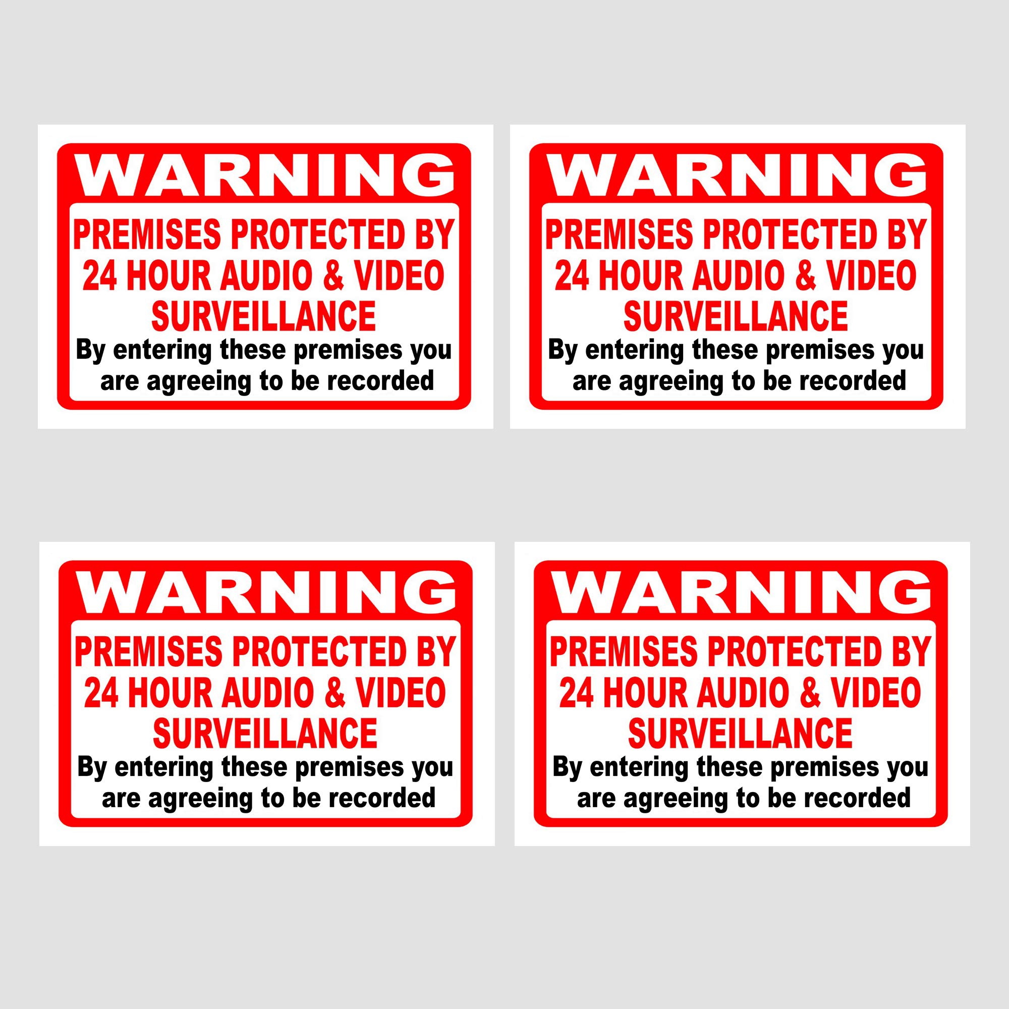 4 x Warning these Premises are protected by Audio and Video Surveillance CCTV Camera Self Adhesive Backed Stickers (150 mm x 100 mm)