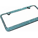 Hotblings4 Row Turquoise Blue (on Black) Bling Rhinestone Crystal License Plate Frame & Caps Set