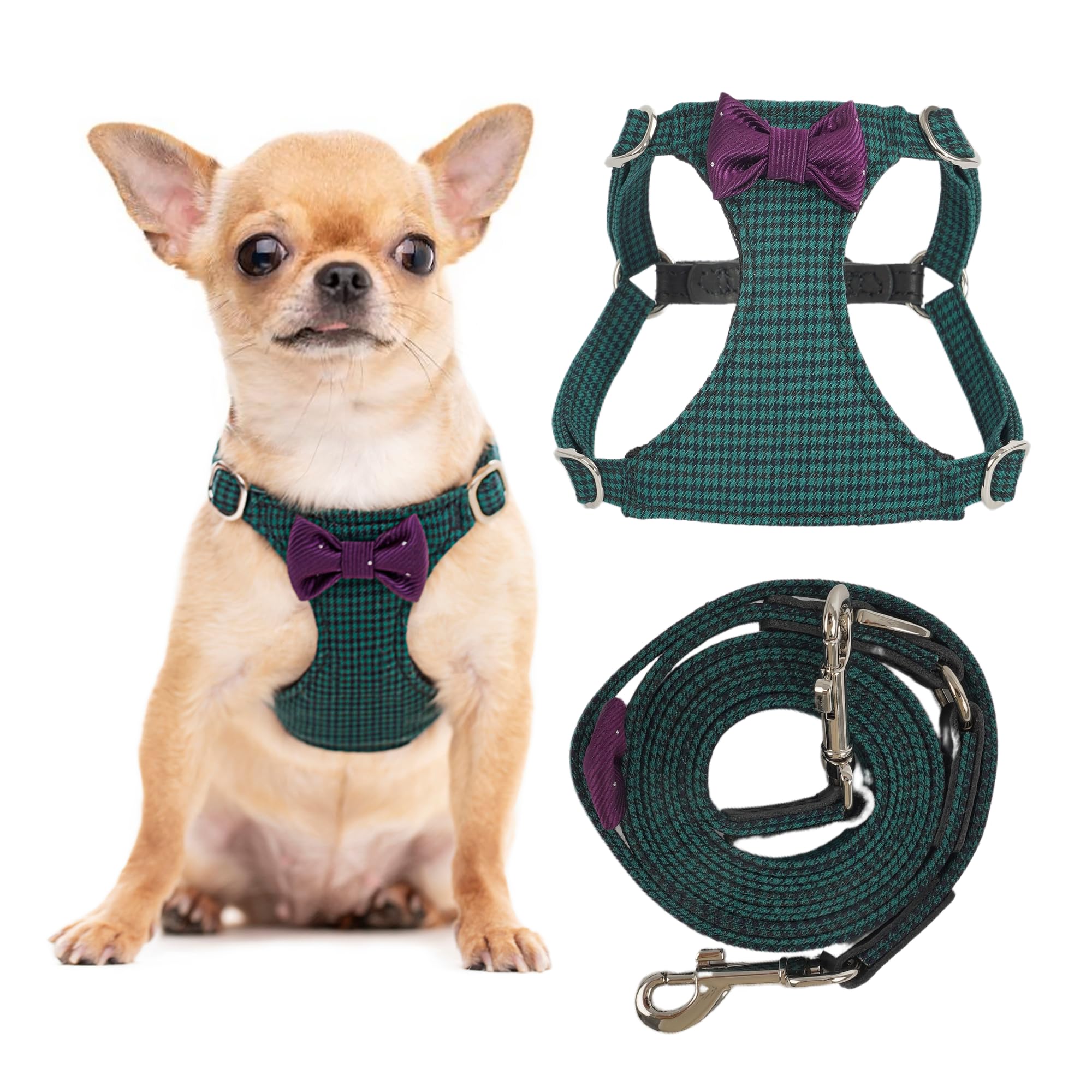 No Pull Dog Harness with Multifunction Dog Leash,Soft Adjustable No Choke Escape Proof Pet Harness Vest for Medium Dogs ,Plaid Green,M
