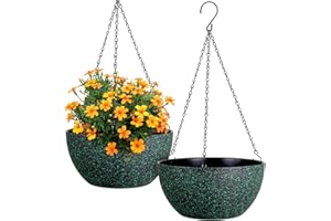 Meowell 12 inch Large Hanging Planters for Indoor Outdoor Plants, 2 Pack Hanging Flower Pots with Drainage Holes and Chain, Plastic Hanging Baskets for House Plants, Black with Green Speckles