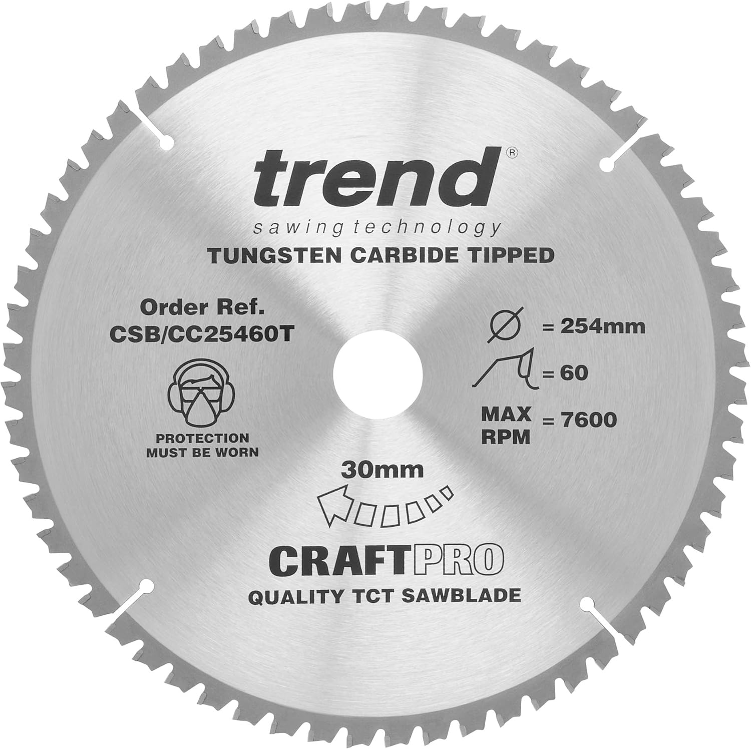 Trend Wood Cordless Mitre Saw Blade, 254mm Diameter, 30mm Bore, 60 Teeth, 2.1mm Kerf, -5° Hook, TCT, Fine Finish, CSB/CC25460T