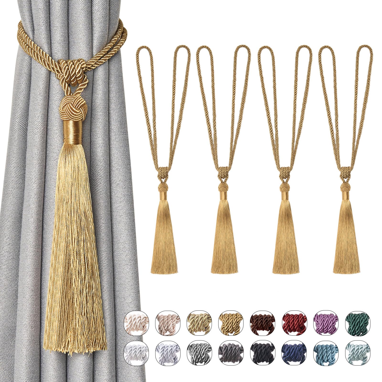 Pretty Jolly 4 Pack Long Tassel Curtain Tiebacks Handmade Braided Rope Knot Drape Tie Backs European Style Decorative Curtain Holdbacks for Home & Office Window Drapery (Bronze)