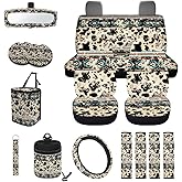 Wanyint Aztec Cow Print Retro 15 PCS Car Accessories, Universal Auto Seat Protector Steering Wheel Cover Seatbelt Strap Pad Trash Can Mount Storage Pocket Cup Holders Rearview Mirror Cover Keychain