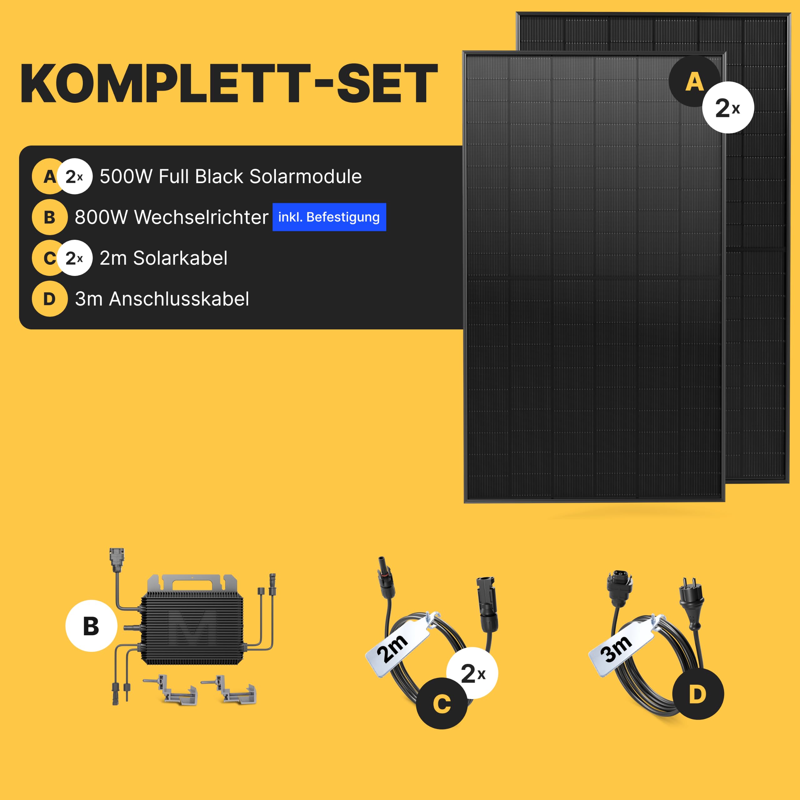 Solakon® 1000W Balkonkraftwerk - Balkonkraftwerk 800W komplett Steckdose - neuester 800 Watt Wechselrichter - Solaranlage Komplettset - 500W bifaziale Solarmodule inkl. Zubehör - 3m Kabel 4