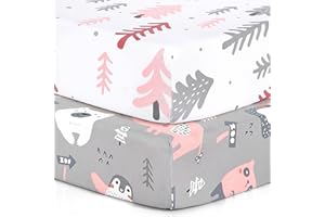 BROLEX 2 Pack Mini Crib Sheets, Stretchy Portable Fitted Playard Sheet Set, Convertible Playard Mattress Cover, Ultra Soft Breathable Material, Jungle Animals