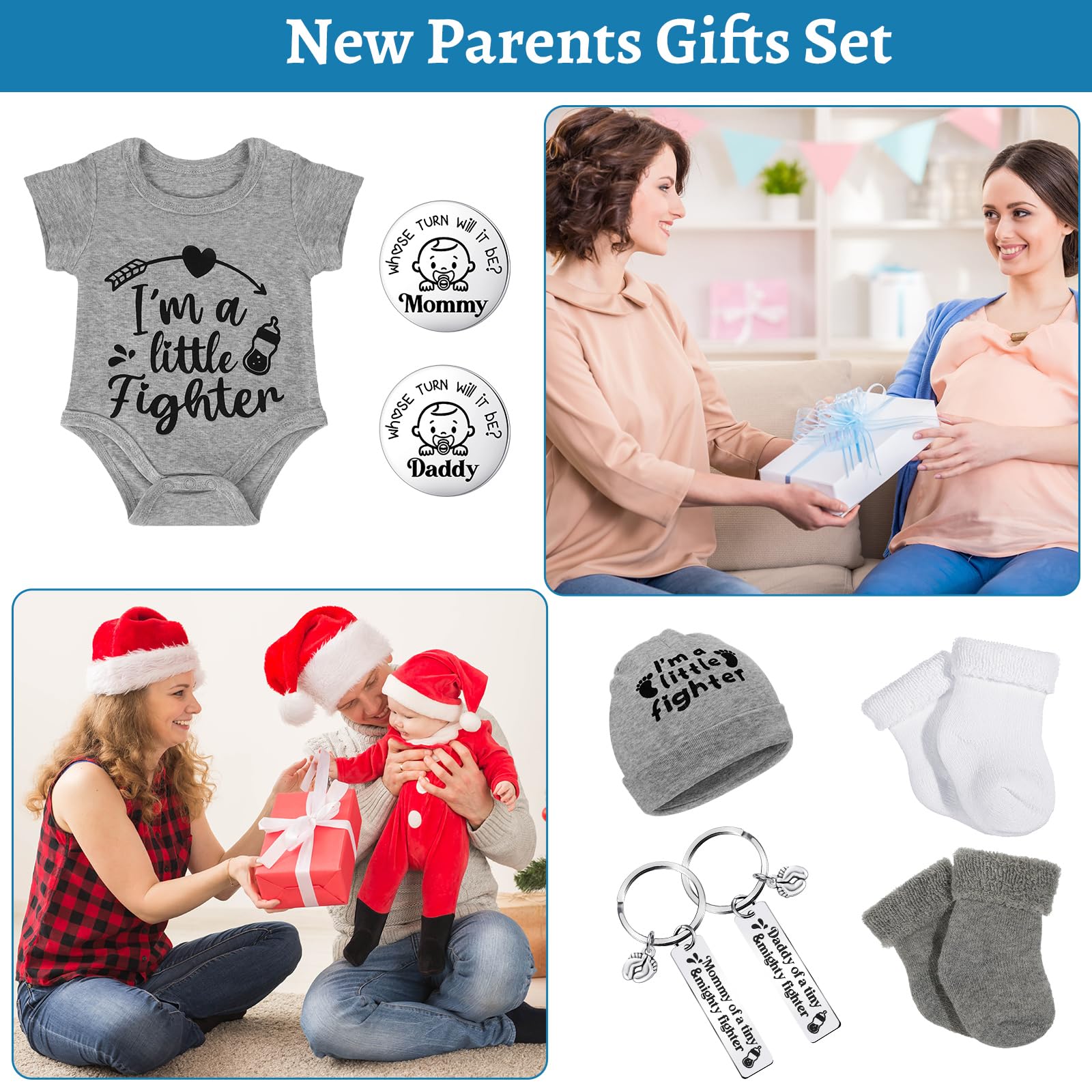 Toulite NICU Preemie Baby Gift Set I'm Little Fighter Preemie Baby Hat and Bodysuit Cotton Socks with Keychain Coin