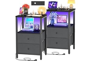 Cyclysio Night Stands Set of 2 with Charging Station, Night Stand with LED Lights, 25.6'' End Table Bedside Tables with 2 Drawers, 3 Tier Tall Night Stand with Storage for Bedroom Living Room, Black
