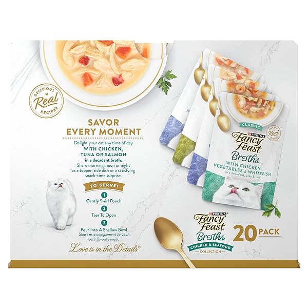 PURINA FANCY FEAST BROTH COMPLEMENT CHICKEN AND SEAFOOD LICKABLE GRAIN FREE WET CAT FOOD VARIETY PACK – (PACK OF 20) 1.4 OZ. POUCHES