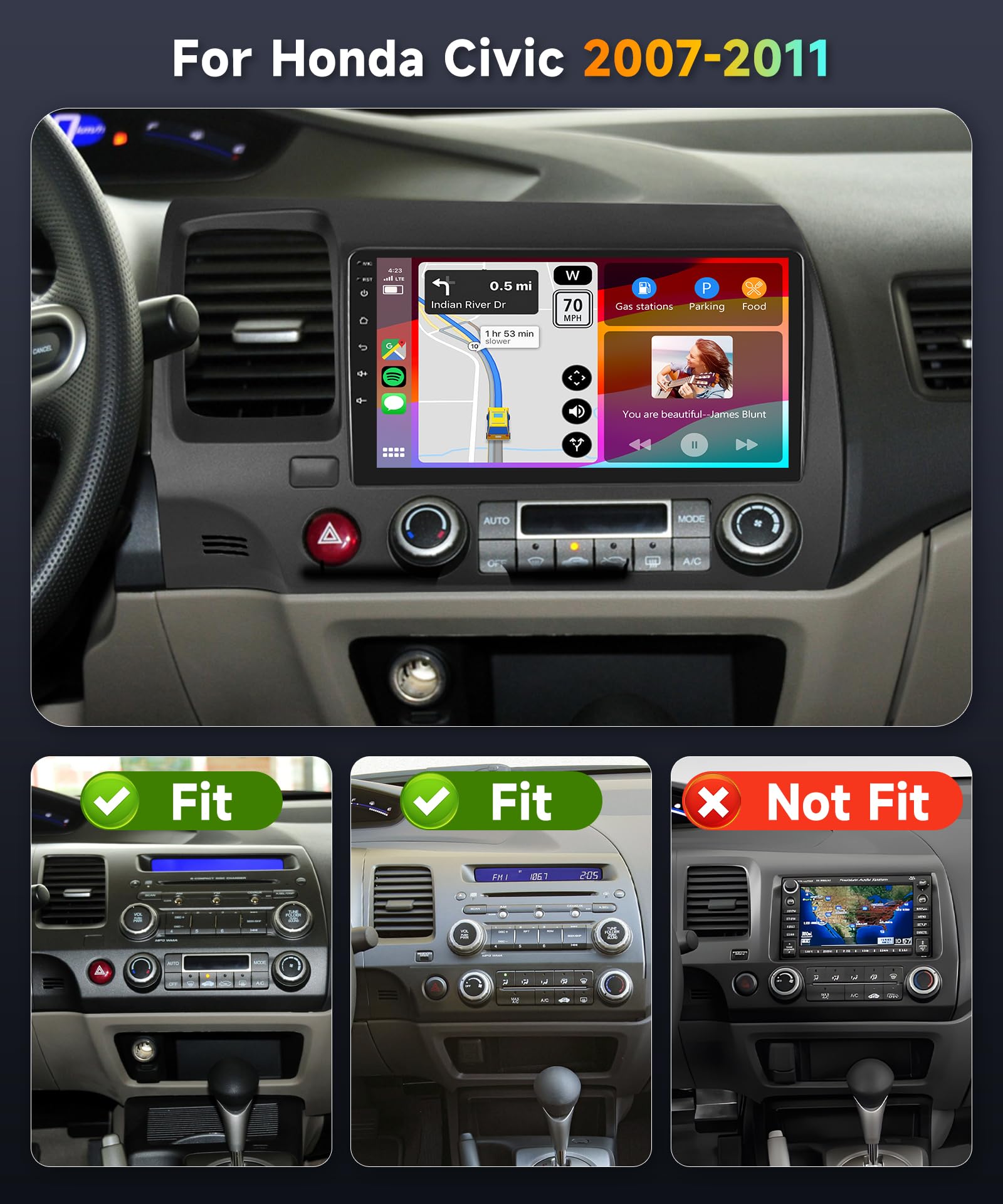 Podofo Car Stereo Radio for Honda Civic 2007 2008 2009 2010 2011 Wireless CarPlay Android Auto 9Inch 1080P Touch Screen Bluetooth FM/RDS Radio GPS Navigation WiFi EQ AHD Backup Camera 2G+32G