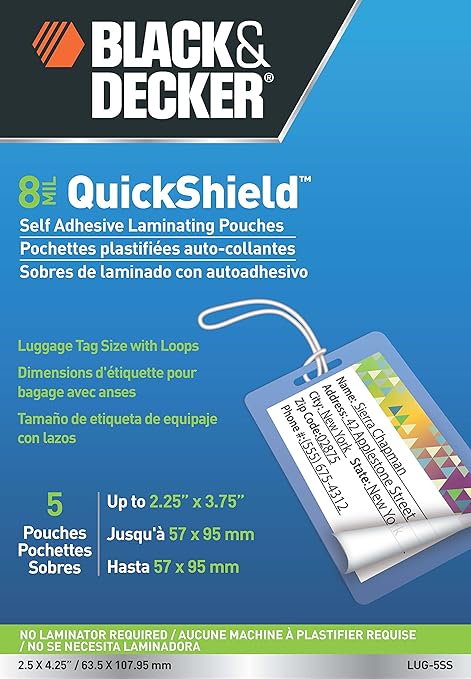 Amazon Com Black Decker Quickshield Self Adhesive Luggage Tag Laminating Pouches 8 Mil 5 Pack Lug 5ss Office Products