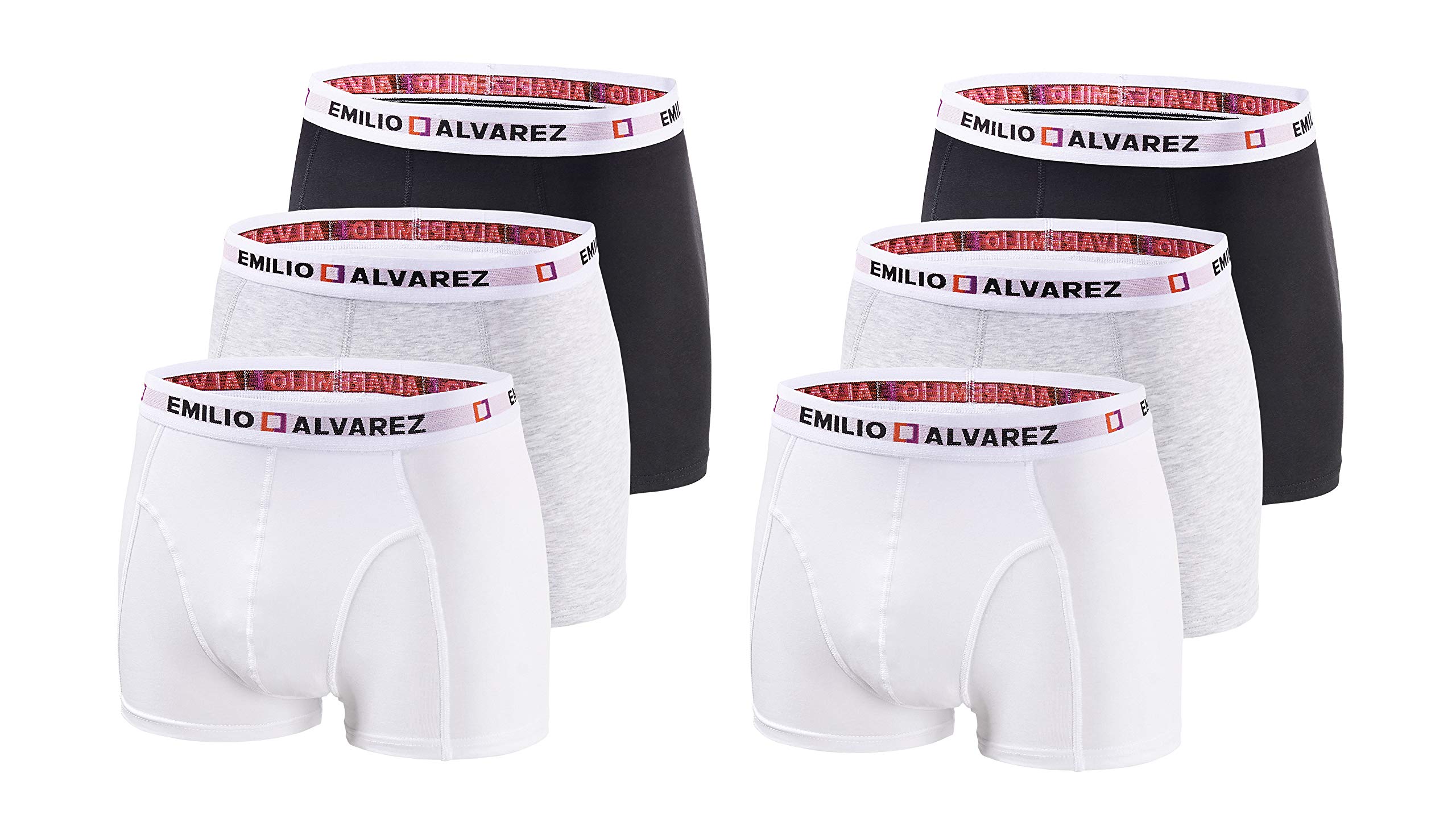 EMILIO ALVAREZ Men's Boxer Shorts, Black/White/Grey, Pack of 6, M