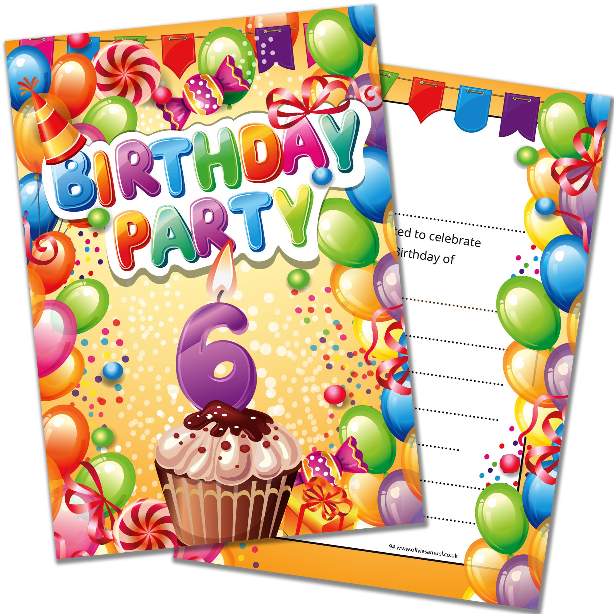 Olivia Samuel 20 x 6th Birthday Party Invites from Boy or Girl Bright Fun Design - Ready to Write with Envelopes