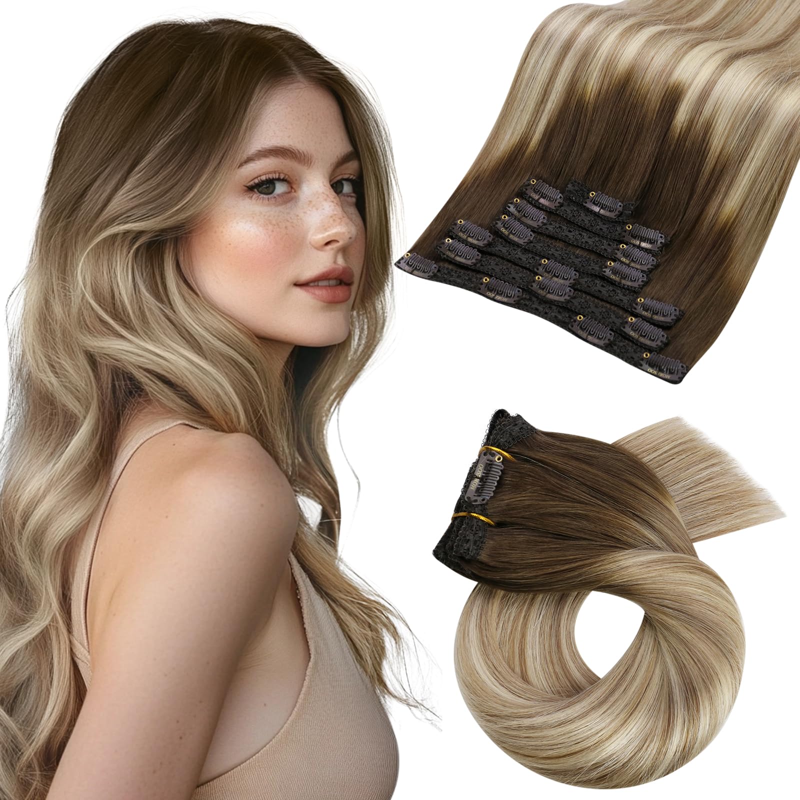 Moresoo Clip in Hair Extensions Real Human Hair Balayage Brown to Light Brown with Medium Blonde 18 Inch 7pcs/120G #3/8/22 — image 1
