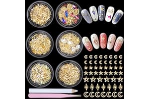 CESUSME 6 Box Gold Studs Nail Charms and Gems, Alloy Star Moon Nail Studs Charms, Moon Cross Metal Nail Art Charms, Multi Shapes Color Nail Art Rhinestone Charms for Jewelry with Pickup Tools