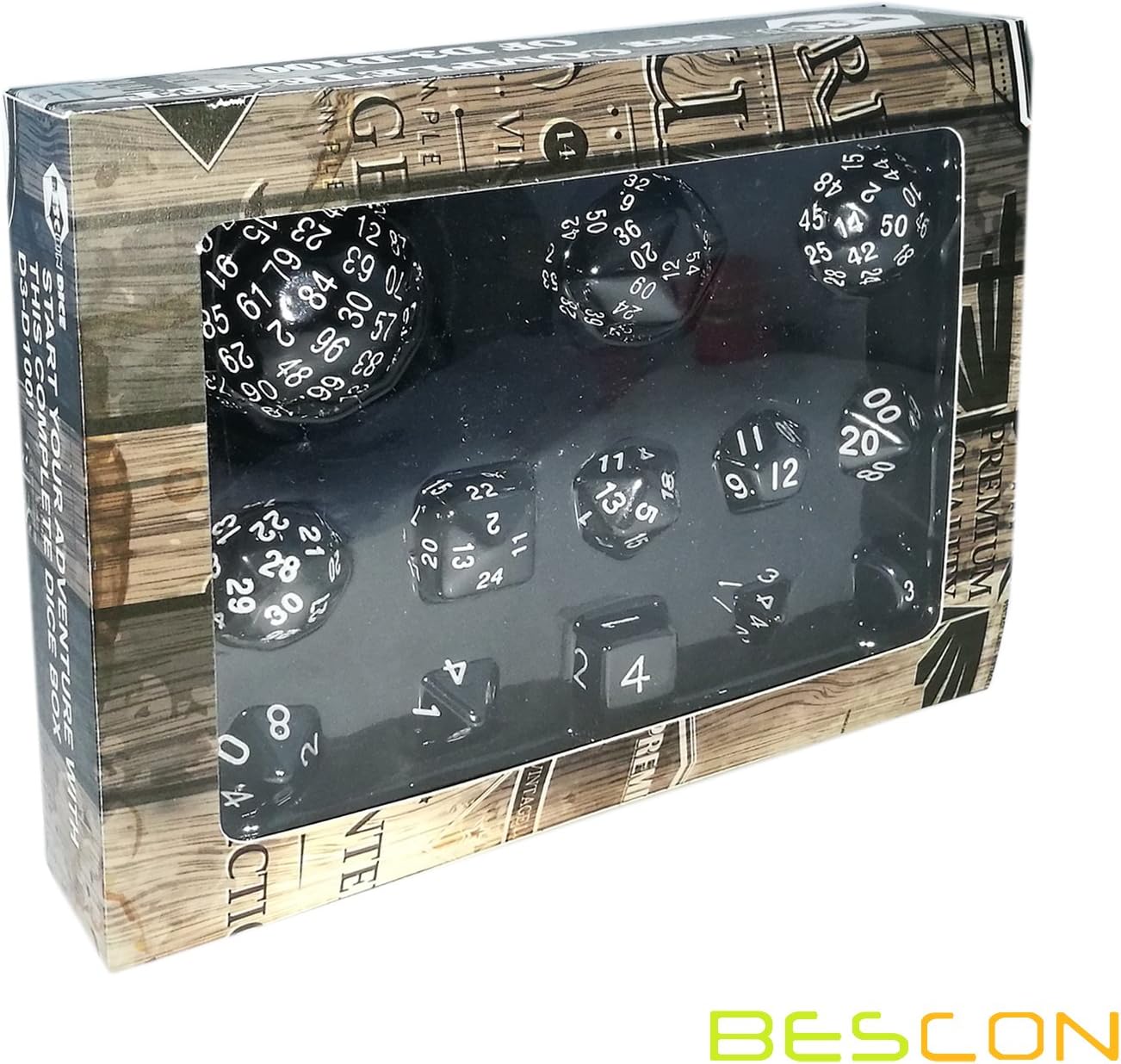 Bescon Complete Polyhedral DND Dice Set 13pcs D3-D100 RPG Dice Set in Opaque Black