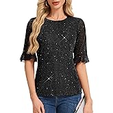 HomRain Womens Ruffle 3/4 Sleeve Sparkle Top Blouses Casual Shirts Crew Neck Glitter Night Out Tops for Elegant Evening