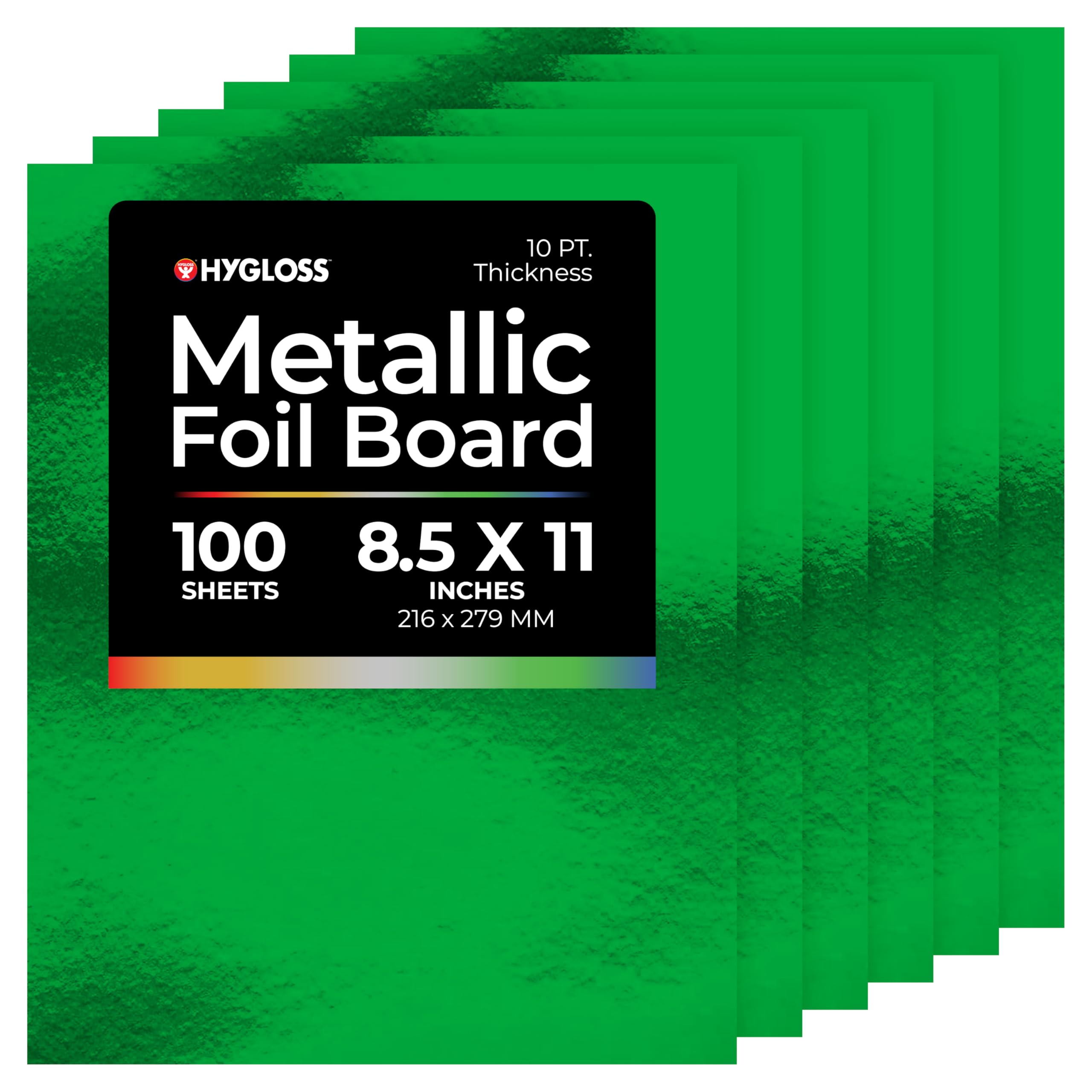 Hygloss Metallic Cardstock Sheets – 100 Shiny Green Sheets, 8.5” x 11” - Sturdy 10 pt. – Metallic Foil Board Paper for Crafts, Scrapbooking, Posters & Decorations Image