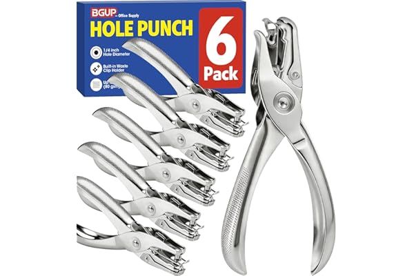 BGUP 6 Pack Single Hole Punch, 1/4" Paper Hole Puncher with 8-Sheet Capacity for Crafts, Handheld Circle Hole Punch for Crafts, Tags, and Tickets