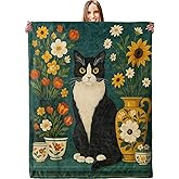 Cute Cat and Floral Blanket, Soft Lightweight Warm Cozy Flannel 60×50 inch Throw Blanket for Couch, Travel, Bed, Outdoor, Gifts for Women Men Adults Kids