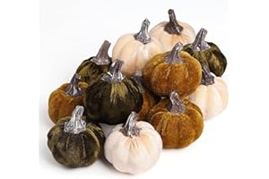 Lcuasc 12pcs Velvet Fake Pumpkins Fall Decor Faux Small Foam Fabric Pumpkin for Autumn Table Centerpiece Party Farmhouse Harvest Thanksgiving (Cream/Lime Green/Forest Green)