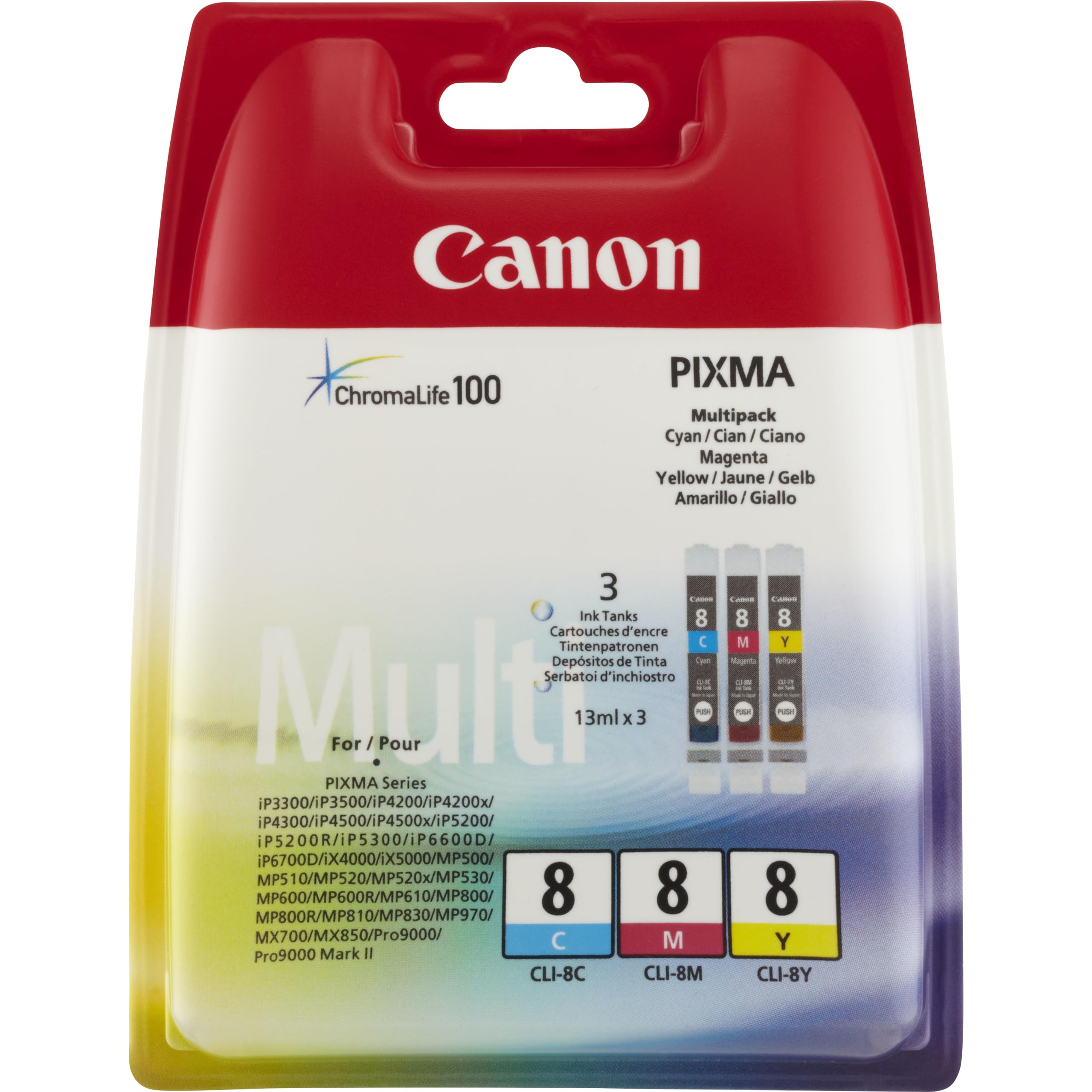 Canon CLI-8 - 0621B029 - 1 x Yellow,1 x Cyan,1 x Magenta - Multipack - Ink tank - For PIXMA iP6600D,iP6700D,Pro9000,Pro9000 Mark II
