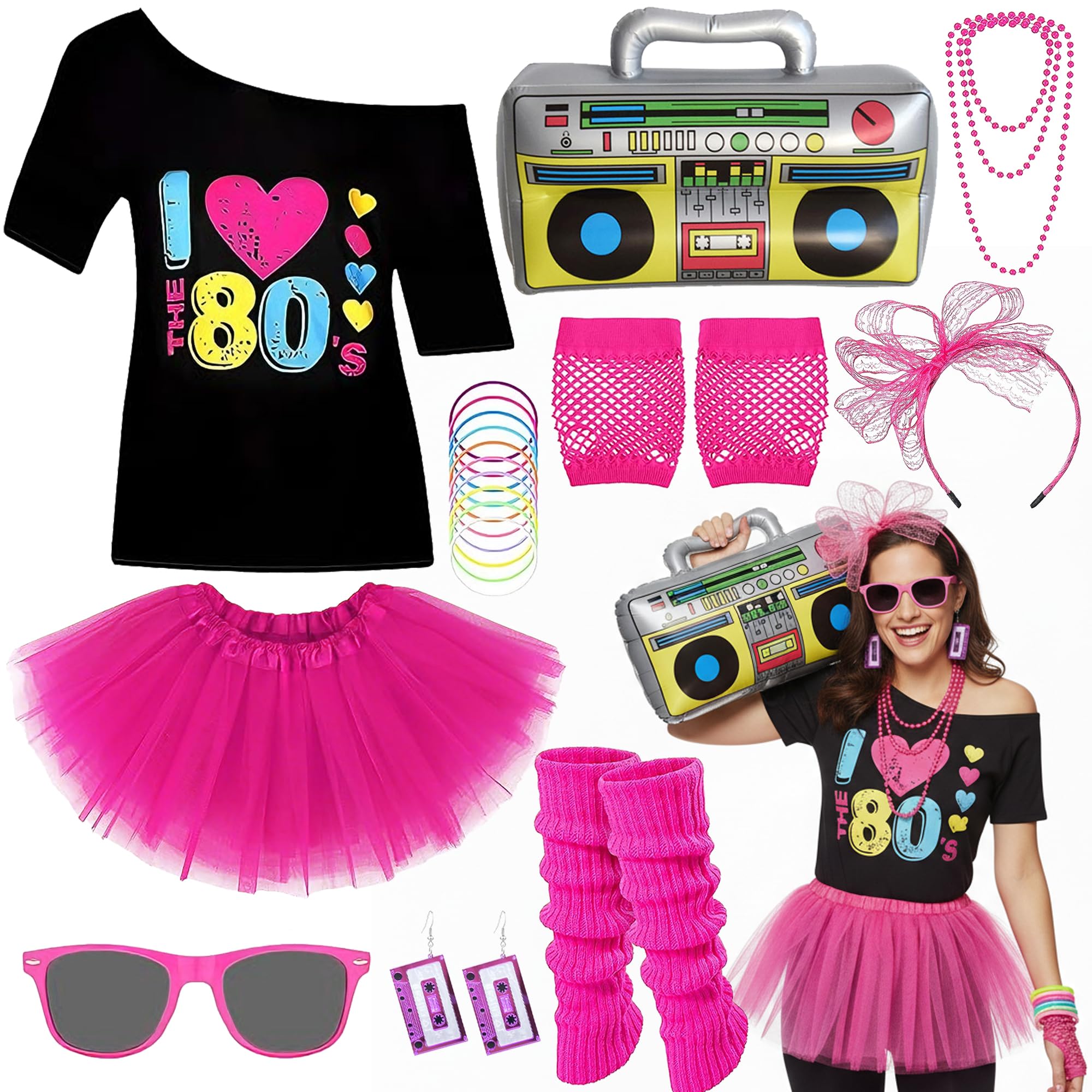 Soireeparty 80s Fancy Dress Costume Set for Women, Neon Retro Outfit With Pink Tutu Skirt Fishnet Gloves and Inflatable Props, 1980s Hen Disco Party Fancy Dress for Photo Booth (XXL)