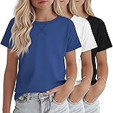 LessonZoo 3 Pack Girls Short Sleeve Shirts Loose Fit Round Neck Kids Tops Comfy Cute Teen Summer Basic Tees 5-14 Years