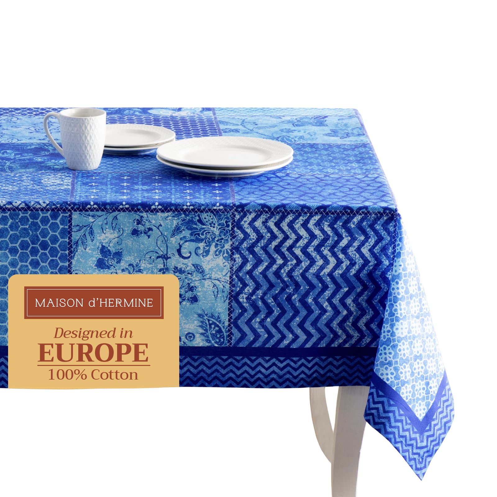 Maison d' Hermine Table Cloth Rectangle Table 100% Cotton 180 cm x 140 cm Tablecloth Reusable Everyday Use for Dining Farmhouse Home Party Festive Gifts for Mothers Day (Indigo Love) — image 1