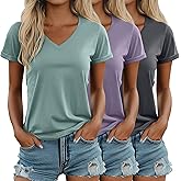 Ficerd 3 Pack Women's V Neck T Shirts, Summer Casual Short Sleeve Tops Loose Fit Rolled Sleeve Tees Trendy Shirts
