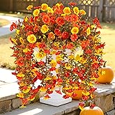 TSTWETO Fake Mums Artificial Fall Flowers for Outdoors, 2 PCS Fake Hanging Silk Flowers Outdoor Fake Plants UV Resistant, Realistic Faux Mums for Outdoor Planters Porch Yard Home Decor