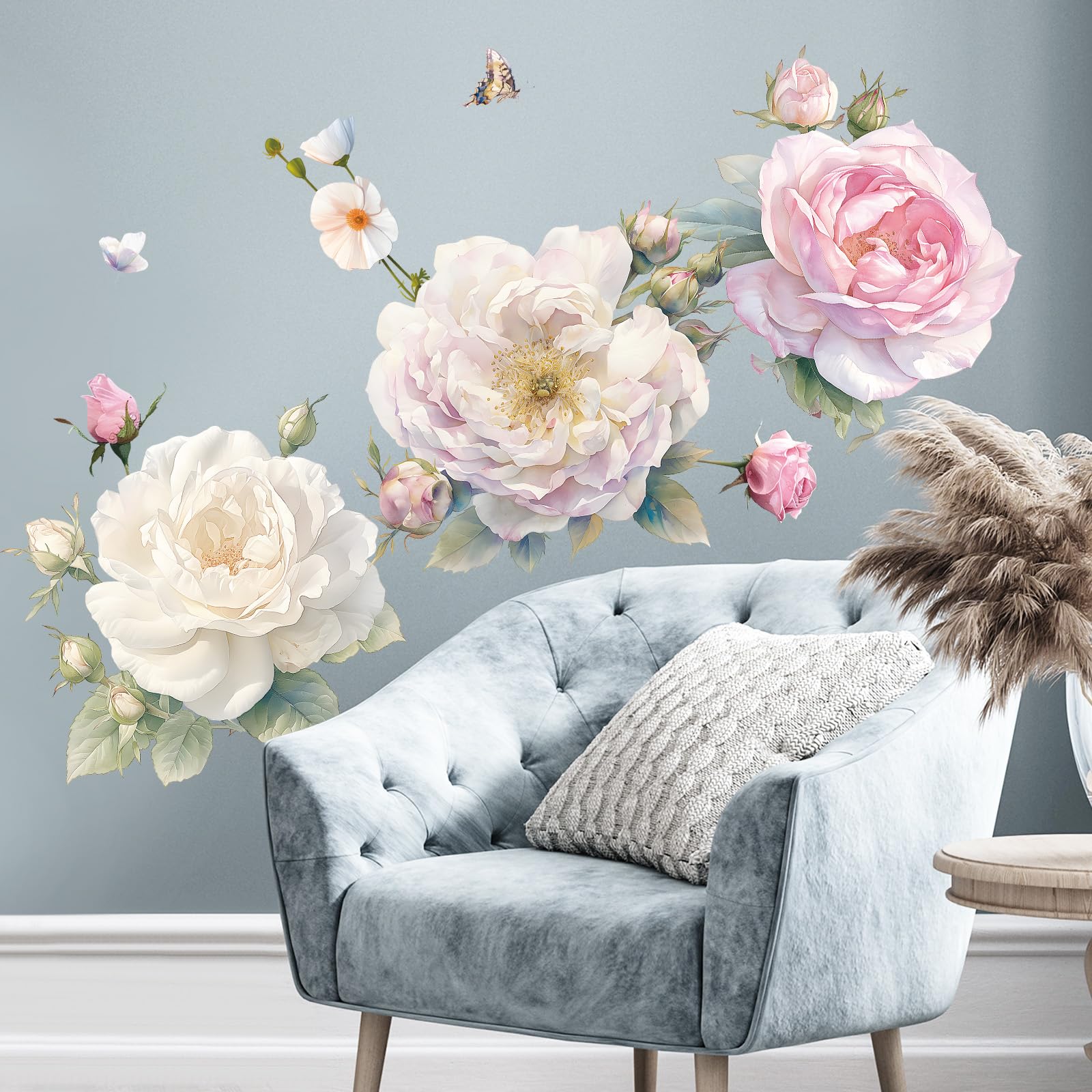 SHUCHING 3D Large Peony Wall Stickers Peel and Stick, Pink Rose Flowers Wall Decals, Removable Vinyl Wall Decorations for Bedroom Living Room Sofa Door Corner