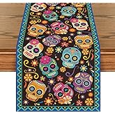 Artoid Mode Suger Skulls Floral Day of The Dead Table Runner, Halloween Seasonal Kitchen Dining Table Decoration for Home Party Decor 13x72 Inch