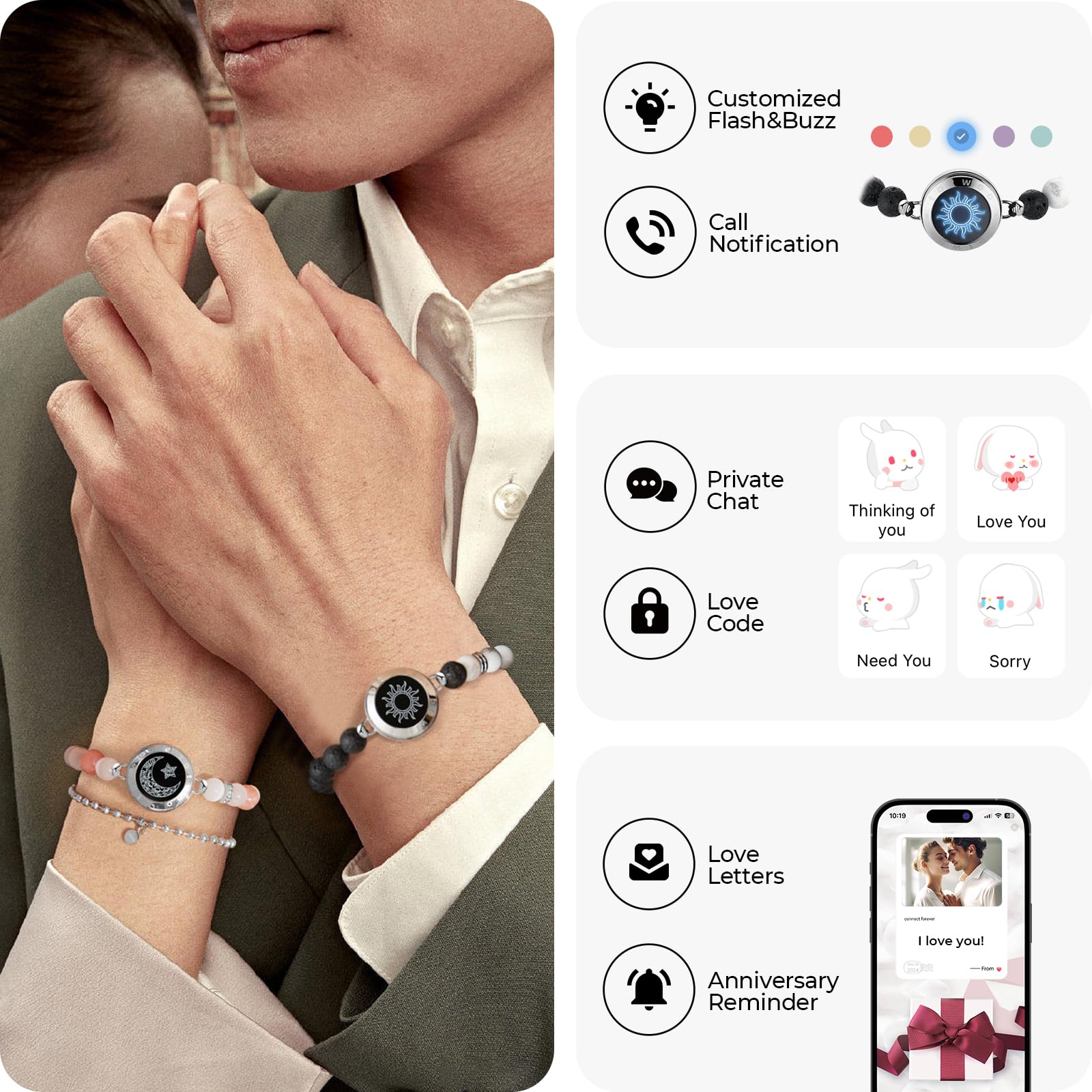TOTWOO Long Distance Touch Bracelets for Couples, Smart Light up & Vibration for Love Couples Healing Stone Bracelet | Long Distance Relationship Gifts for Girlfriend Bluetooth Pairing Jewelry